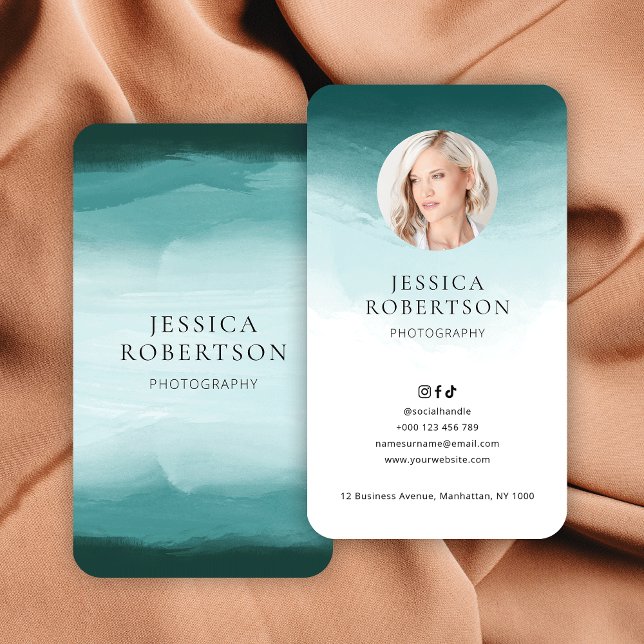 Carte De Visite Aquarelle moderne Turquoise Designer photo élégant (Elegant turquoise watercolor business cards with your custom photo)