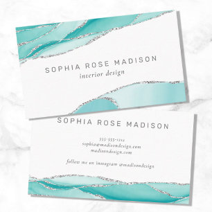 Carte De Visite Aquarelle moderne Turquoise et Silver Geode Agate