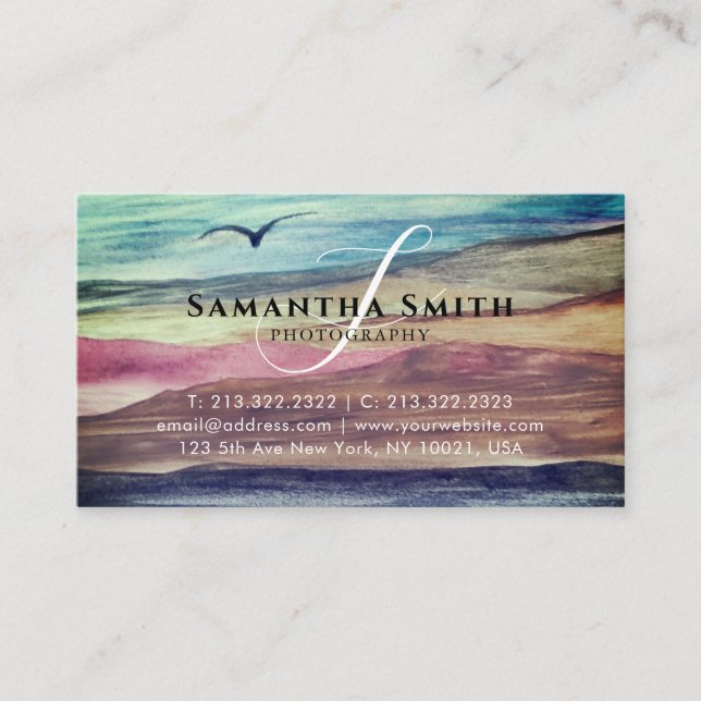 Carte De Visite Aquarelle Monts Plage Signature Script (Devant)