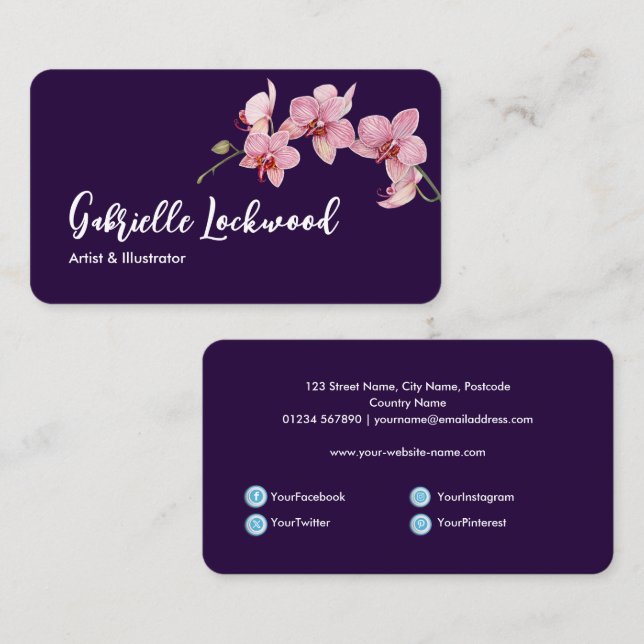 Carte De Visite Aquarelle Moth rose Orchidées Médias sociaux (Devant / Derrière)