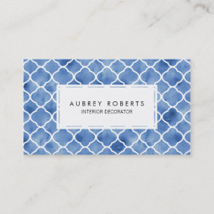 Carte De Visite Aquarelle Motif géométrique Indigo bleu et blanc