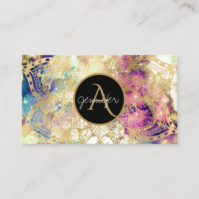 Carte De Visite Aquarelle nébuleuse or mandala moderne monogramme (Devant)
