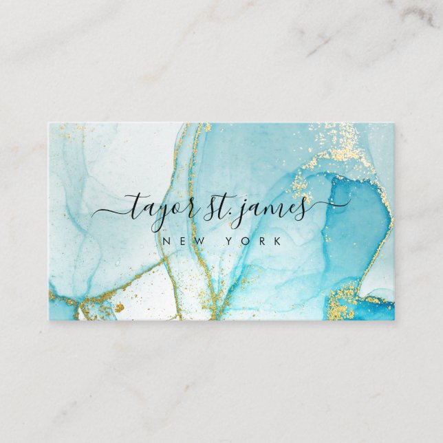 Carte De Visite Aquarelle or bleu calligraphie peinture (Devant)