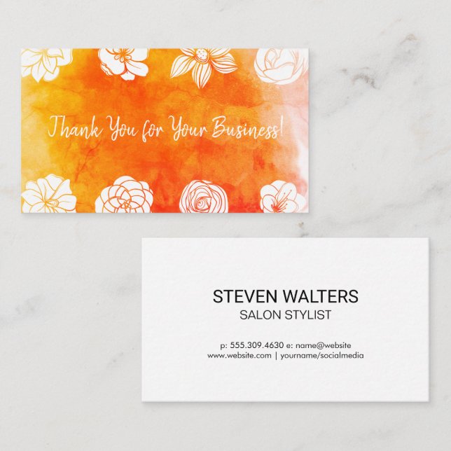 Carte De Visite Aquarelle Orange Fleurs | Merci (Devant / Derrière)