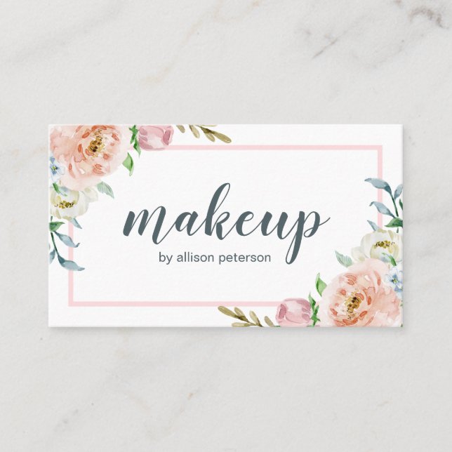 Carte De Visite Aquarelle Pastel Cadre Floral rose et blanc (Devant)