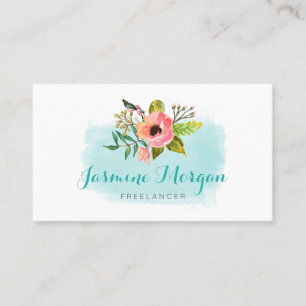 Carte De Visite Aquarelle peinte Floral Chic Turquoise Aqua Bleu