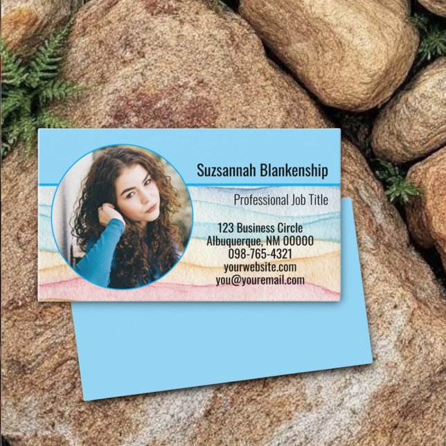 Carte De Visite Aquarelle Petite entreprise Photo ronde personnali (Custom photo template business card template front and color matching back)