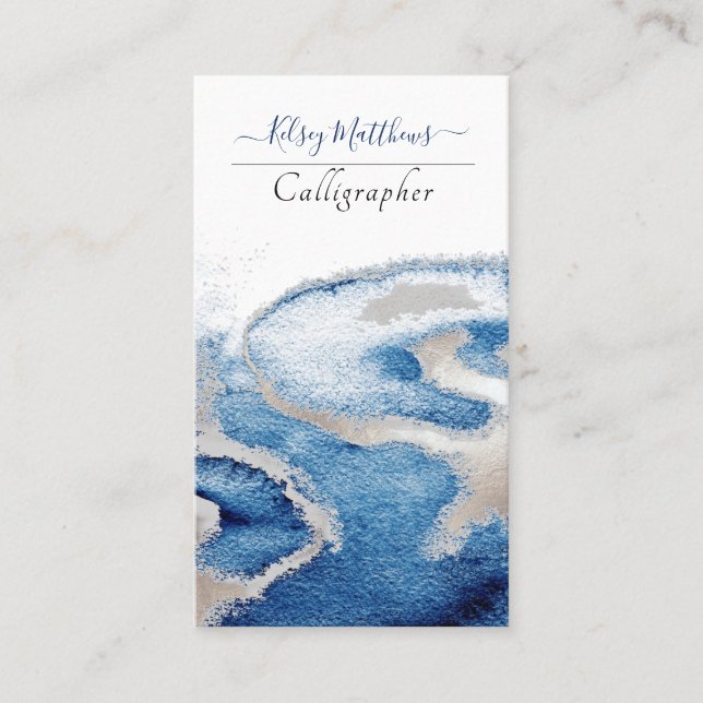 Carte De Visite Aquarelle PixDezines Vagues modernes, Bleu+Silv (Devant)