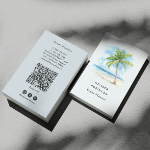 Carte De Visite Aquarelle Plage Palmier Tropical Bleu Code QR