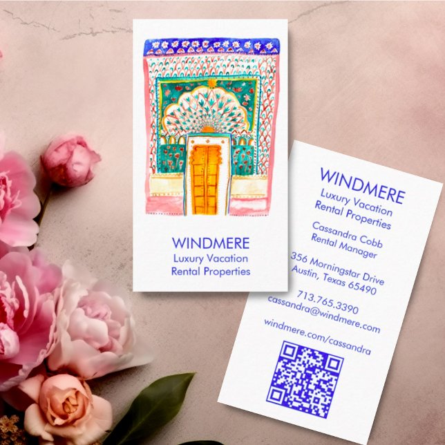 Carte De Visite Aquarelle porte agent immobilier Realtor QR Code (Watercolor door exotic unique custom real estate business cards with QR code)