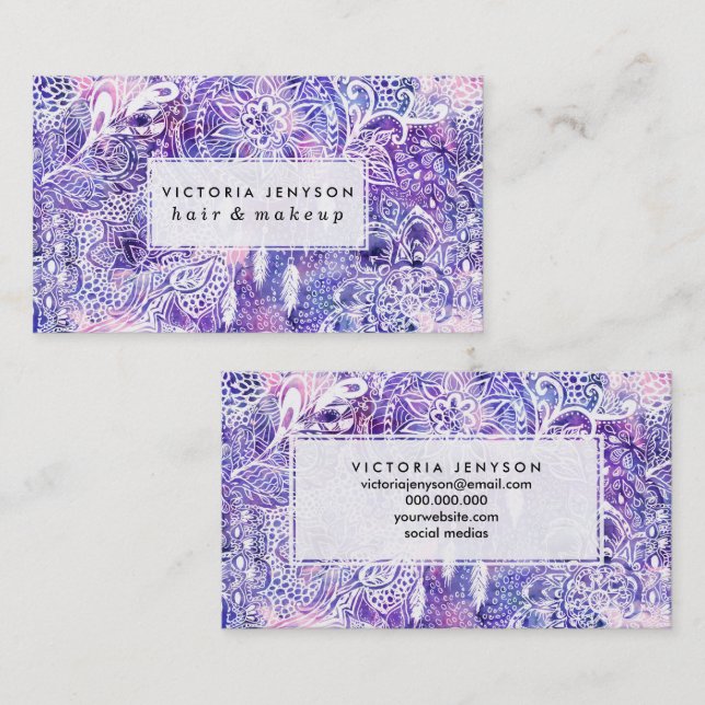Carte De Visite Aquarelle pourpre rose florale de dreamcatcher de (Devant / Derrière)