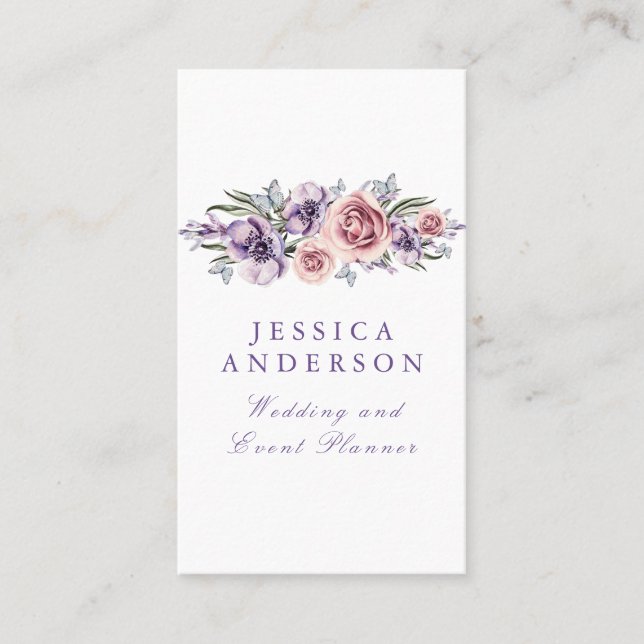 Carte De Visite Aquarelle Purple Floral Élégant Bohème (Devant)
