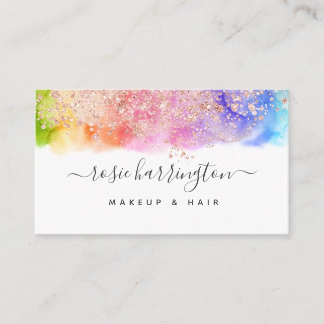 Carte De Visite Aquarelle Rainbow Rose Gold Parties scintillant Gi (Devant)