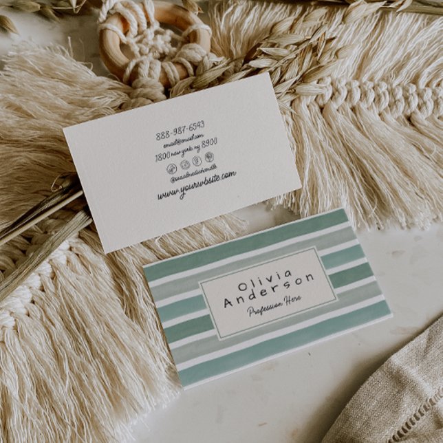 Carte De Visite Aquarelle rétro Vert rayures tendance Neutral Boho (Créateur téléchargé)