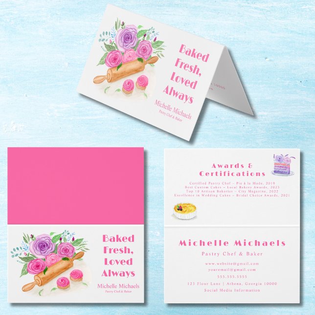 Carte De Visite Aquarelle Rolling Pin Rose Pâtisserie Chef Baker (Créateur téléchargé)