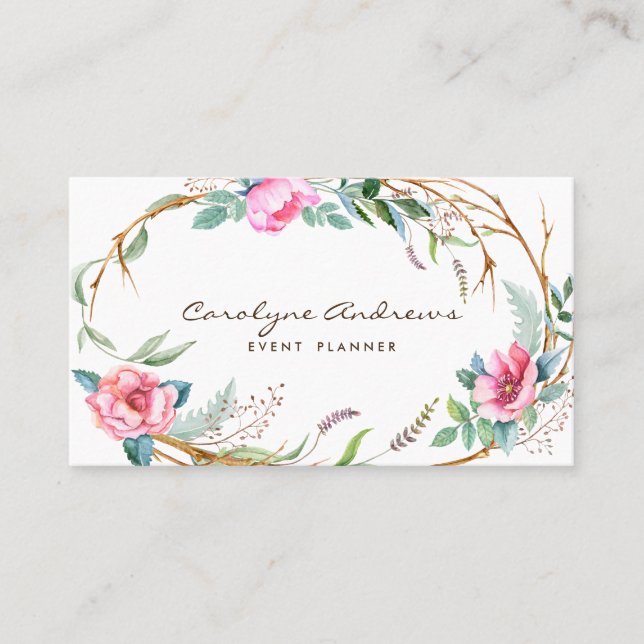 Carte De Visite Aquarelle rose Bohème Floral Wreath (Devant)