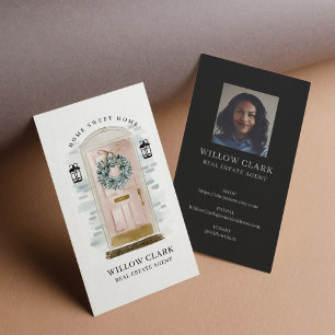 Carte De Visite Aquarelle rose devant porte Wreath Immobilier