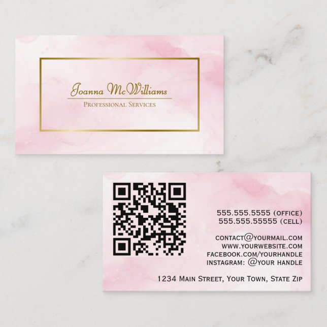Carte De Visite Aquarelle rose et code QR professionnel or (Devant / Derrière)