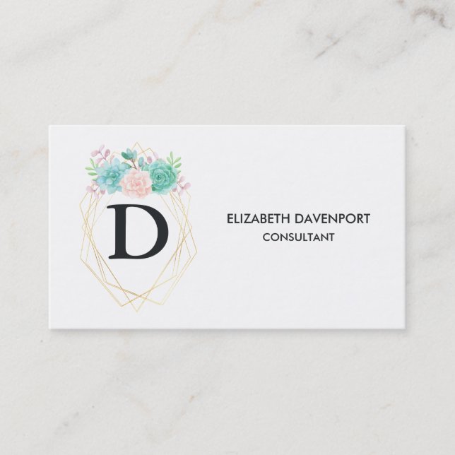 Carte De Visite Aquarelle rose et vert moderne Succulents Monogram (Devant)