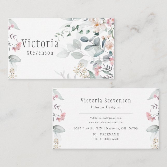 Carte De Visite Aquarelle rose Fleur sauvage (Devant / Derrière)