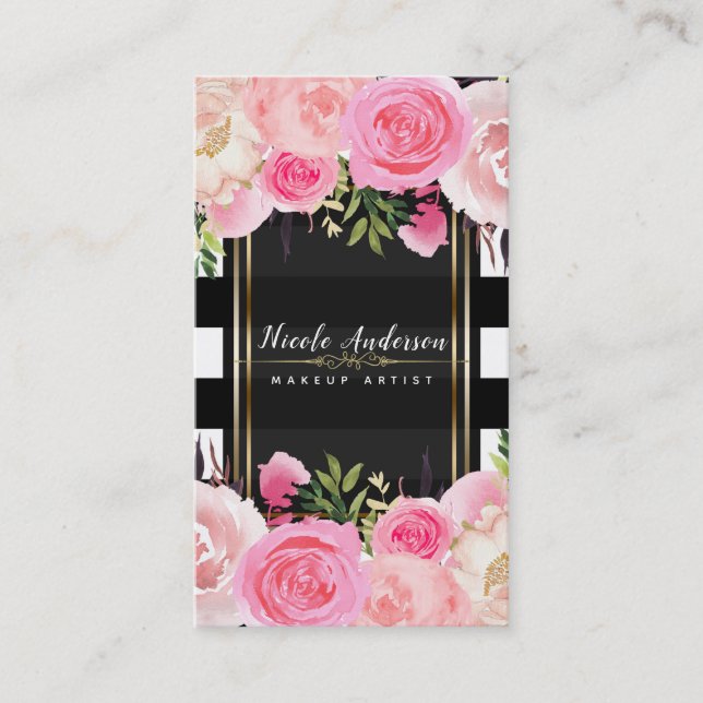 Carte De Visite Aquarelle rose Fleurs Noir Blancs Classy (Devant)