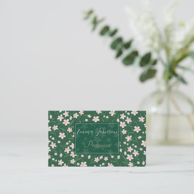 Carte De Visite Aquarelle rose Floral Botanique foncé Vert (Debout devant)
