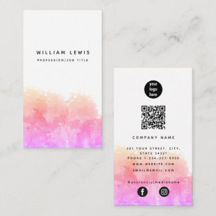 Carte De Visite Aquarelle rose orange QR Code Médias sociaux