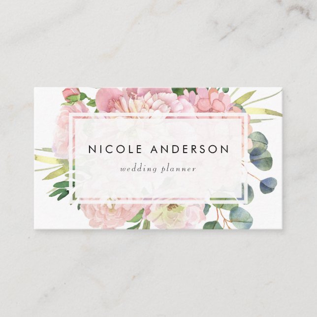 Carte De Visite Aquarelle rose pâle Roses et hydrangées (Devant)