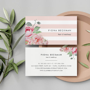 Carte De Visite Aquarelle rose Peony et Bande Bleue