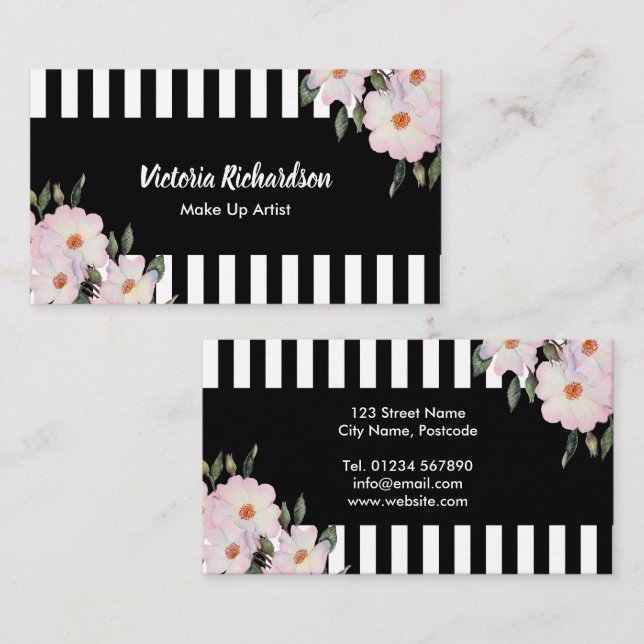 Carte De Visite Aquarelle rose Roses Peinture Noir Blancs (Devant / Derrière)