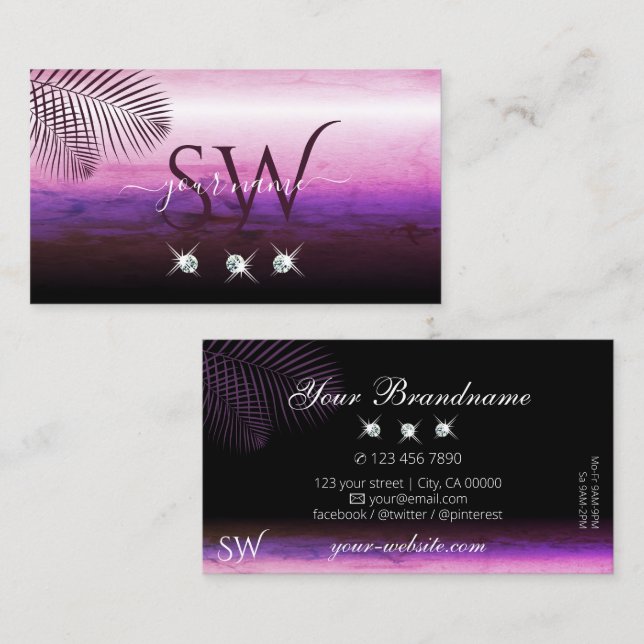 Carte De Visite Aquarelle rose violet Palm Bijoux Feuille Monogram (Devant / Derrière)