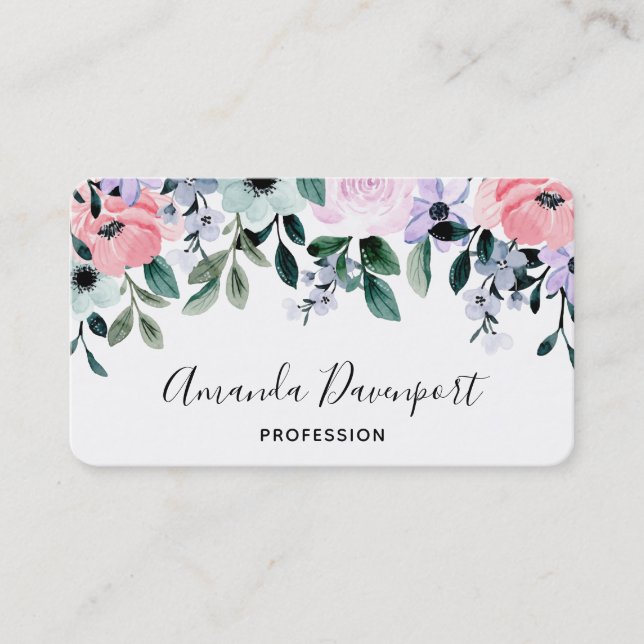 Carte De Visite Aquarelle rose violet vert à la frontière florale (Devant)