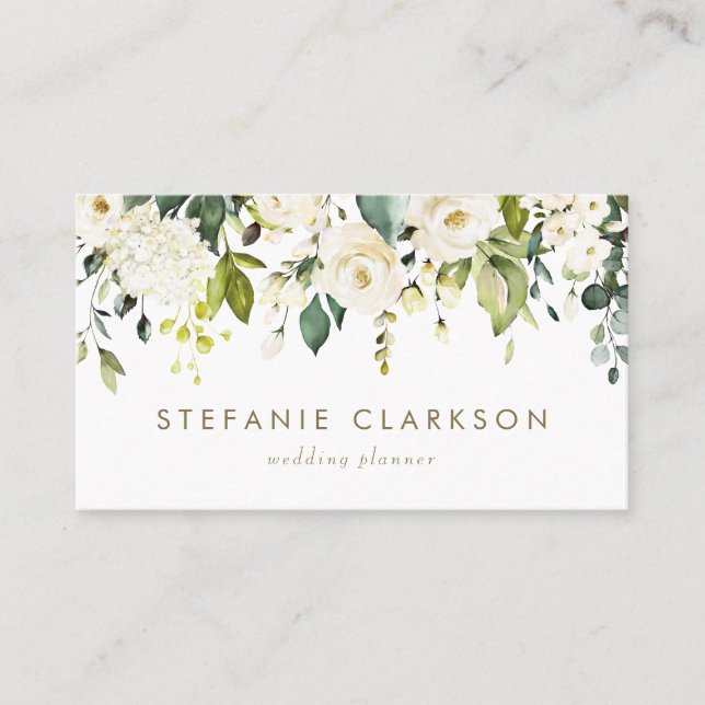 Carte De Visite Aquarelle Roses blanches et Hydrangeas Garland (Devant)