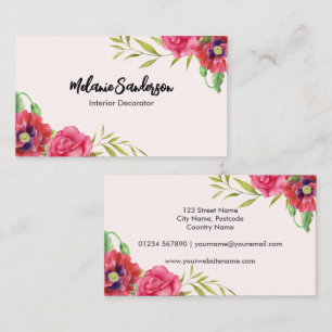Carte De Visite Aquarelle Rouge et rose Fleurs sur bleu marine fon