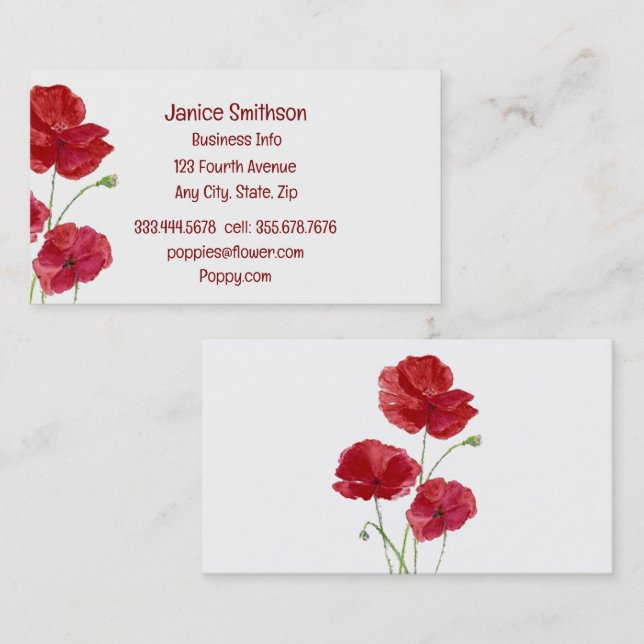 Carte De Visite Aquarelle Rouge Fleurs de pavot Jardin Floral (Devant / Derrière)