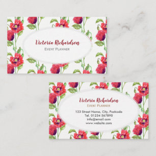 Carte De Visite Aquarelle rouge pavot floral Art blanc ovale