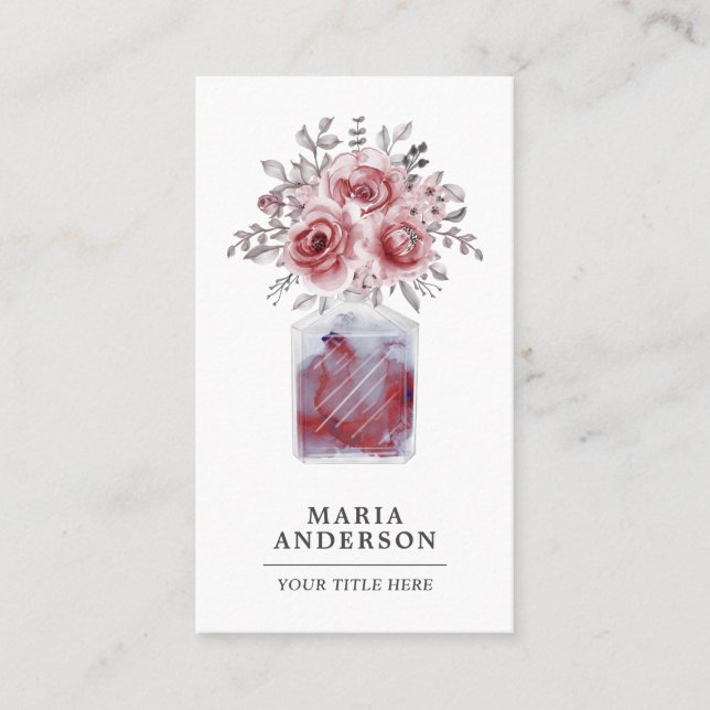 Carte De Visite Aquarelle rouge rustique florale Bouteille de parf (Devant)