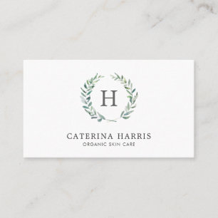 Carte De Visite Aquarelle rustique Vert verdure Wreath Monogramme 