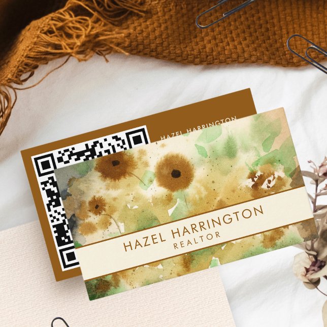 Carte De Visite Aquarelle scannable QR Code Floral Boho tendance (Créateur téléchargé)
