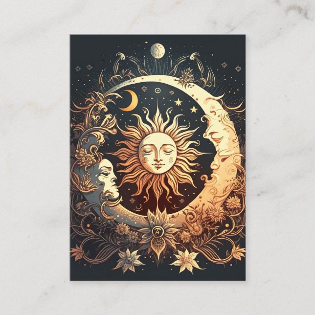 Carte De Visite Aquarelle Soleil et Lune Céleste (Devant)
