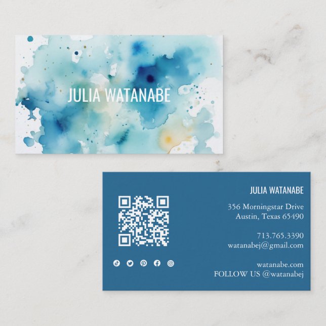 Carte De Visite Aquarelle Splash QR Code Médias sociaux Moderne (Devant / Derrière)