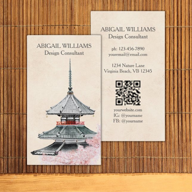 Carte De Visite Aquarelle Temple japonais Fleurs de cerisiers (Créateur téléchargé)