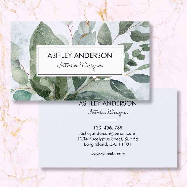 Carte De Visite Aquarelle Tropical Green Sage Eucalyptus Feuilles (Front and Back)