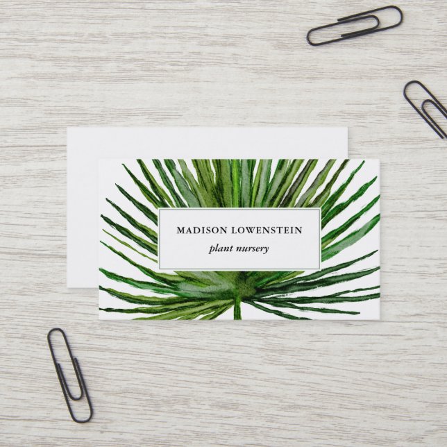 Carte De Visite Aquarelle Tropical Palm Leaf Botanique  (Devant/Arrière en situation)