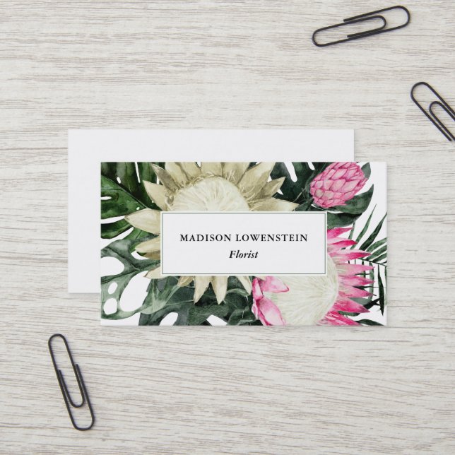 Carte De Visite Aquarelle Tropical Protea Monstera Vert   (Devant/Arrière en situation)