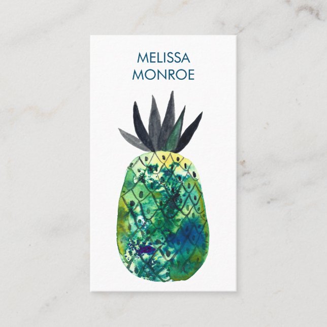 Carte De Visite Aquarelle tropicale ananas bleu bleu vert (Devant)