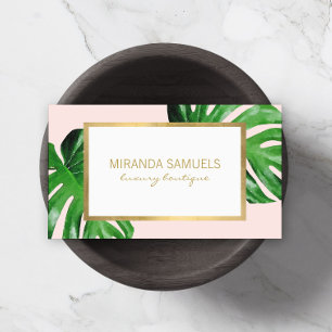Carte De Visite Aquarelle tropicale Monstera Boutique Feuille Rose