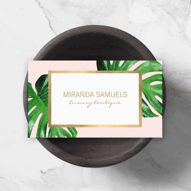 Carte De Visite Aquarelle tropicale Monstera Boutique Feuille Rose (Créateur téléchargé)