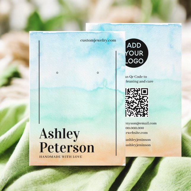 Carte De Visite Aquarelle tropicale plage Qr logo écran d'oreille (Tropical watercolor beach Qr logo earring display Business Card)