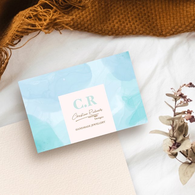 Carte De Visite Aquarelle Turquoise bleu moderne (Créateur téléchargé)